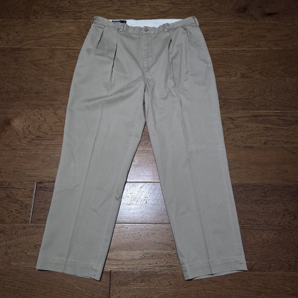 Vintage Polo Ralph Lauren Mens Andrew Pant Khaki Pleated Chino Cotton Size 38x30